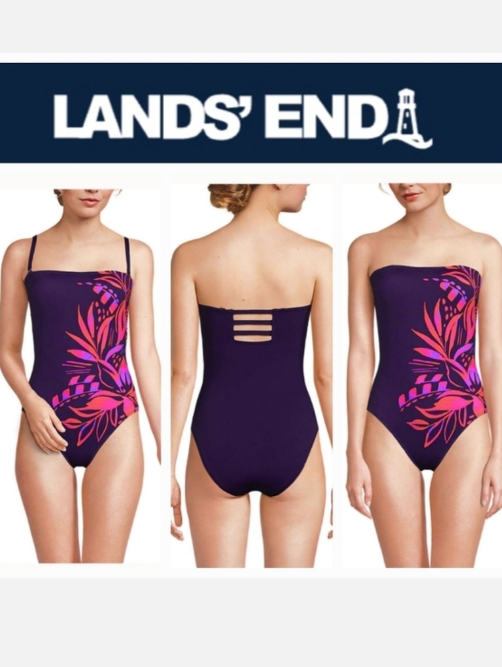 Lands End Bandeau 1-Piece Swimsuit Tropical Purple/Pink Chlorine Resistant 8 NWT